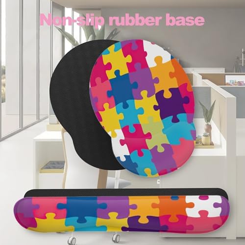 Autism Awareness Puzzle Colorful Keyboard Wrist Rest Pad and Mouse Pad Wrist Support Set,3-in-1 Ergonomic Mouse Pad with Non-Slip Rubber Base for Home Office Game Computers Desk, - Image 7