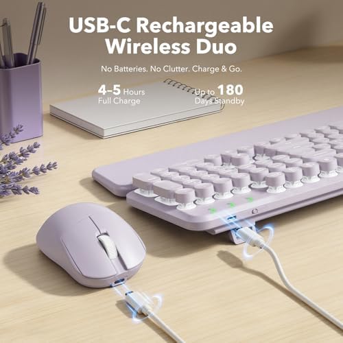 Wireless Keyboard and Mouse Combo, Backlit Round Keycaps, Retro Typewriter Keyboard with Magnetic Wrist Rest, USB-C Rechargeable & Tilt Legs, 2.4GHz Cordless for Mac Windows PC (Glowing Pastel Purple) - Image 5