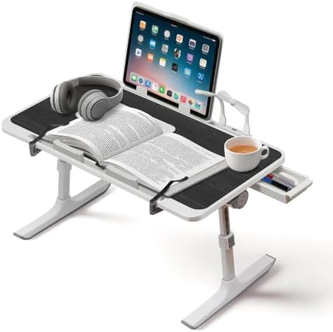 Lap Desk with Cooling Fan, LED Light and USB Port, Adjustable Laptop Desk with Storage Drawer, Foldable Laptop Table for Bed Sofa Work Study, Portable Computer Desk by PHANCIR