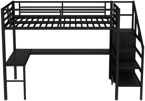 Full Size Loft Bed with Desk and Storage Stairs, Metal Loft Bed Frame with Multi-color LED Lights, Charging Station, and Hanging Rod, Heavy-duty Loftbed for Kids, Teens, Adults, Noise-free, Black - Image 6