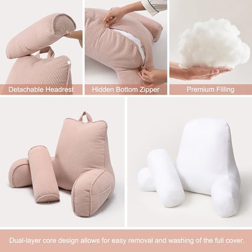 Reading Pillow for Sitting Up in Bed, Bed Rest Backrest Pillow with Arms, Corduroy Back Support Cushion with Side Pockets & Washable Cover, Comfort Support Pillow for Women & Moms, Pink - Image 6