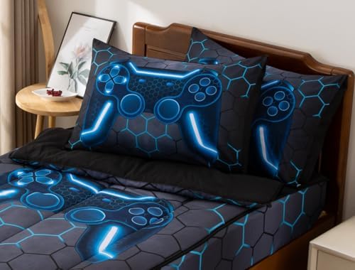 A Nice Night Zipper Bedding Game Console with 3D Geometric Gamepad Gaming Printed Zippered Kids Comforter Set,Twin,Blue - Image 2