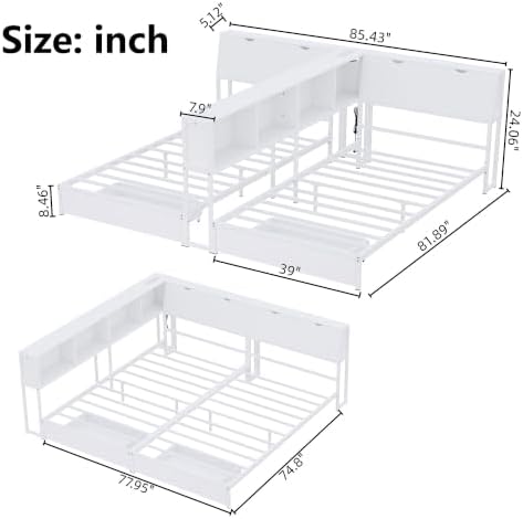 White Corner Bed with Drawers, Bookcase, Light & Charging Station,Twin/Twin - Image 2