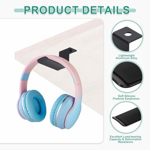 HARFINGTON 2pcs Headphone Holder Stand Aluminum Headset Hook Headphone Clip Under Desk Hanger with Washer and Screws for Bedrooms Study Libraries Offices, Black (5cm) - Image 3