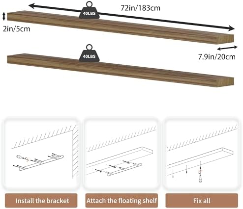 72 inch Long Floating Shelves for Wall,Solid Wood Long Wall Shelves Set of 2,Brwon Wooden Wall Mounted Shelf,Wall Bookshelf Bathroom Shelves - Image 2
