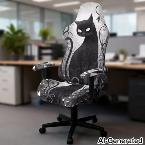 Black Cat Gaming Chair Cover with Armrest Covers Painting Style Computer Chair Slipcovers Set of 4 Split Computer Chairs Slipcovers for Home Club Office Decorations - Image 2