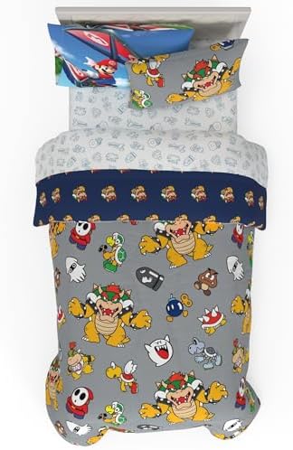 Nintendo Super Mario Bowser Bedding Set, Twin Size 5 Piece Set Kids Super Soft Cozy Reversible Comforter and Sheet Set with Sham, (100% Officially Licensed Product) by Franco by Franco
