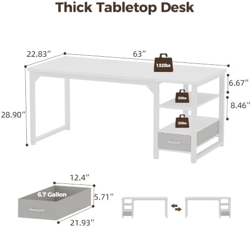 Mericonia 63" Reversible Computer Desk with Drawer, 1" Thick Office Desk - Image 2