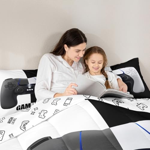 Feelyou Kids Video Games Comforter Set Gaming Reversible Bedding Set for Child Boys Girls Gamepad Comforter Modern Gamer Action Buttons White Black Design Quilt Set Bedroom Collection 3Pcs Full Size - Image 6