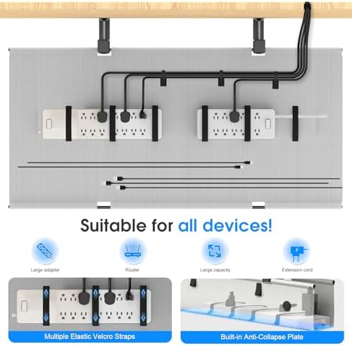Under Desk Cable Management Tray, 40-inch No-Drill Cord Organizer with Anti-Sag Reinforced Base, Fabric Wire Management Hider for Standing Desk, Office & Gaming Accessories - Grey - Image 4