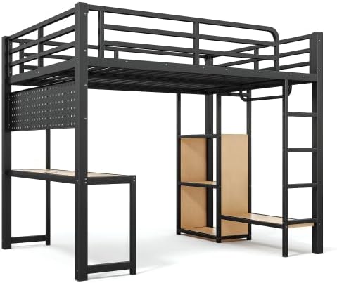 Bellemave Full Size Gaming Loft Bed with Desk, Peg Board, RGB Lights & USB Ports, Metal Full Loft Bed Frame with Storage Shelves & Hanging Rod for Teens Adults, Black - Image 7