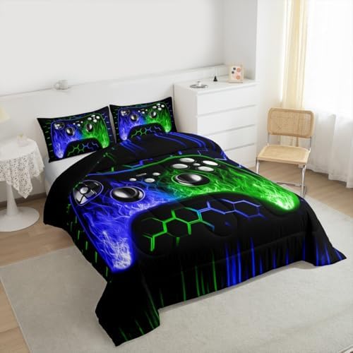 Erosebridal Honeycomb Gaming Boys Comforter Set Blue Green Neon Lights Game Console King Bedding Set Ombre Art Geometric Hexagon Beehive Duvet Set Gamer Room Decor for Boys - Image 2