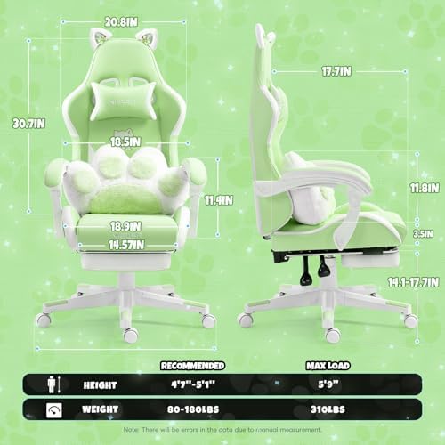 Vigosit Cute Cat Ears Gaming Chair for Women Girls - Ergonomic PU Leather Office Chair with Footrest cat paw Pillow, 360° Swivel Recliner, Green - Image 2