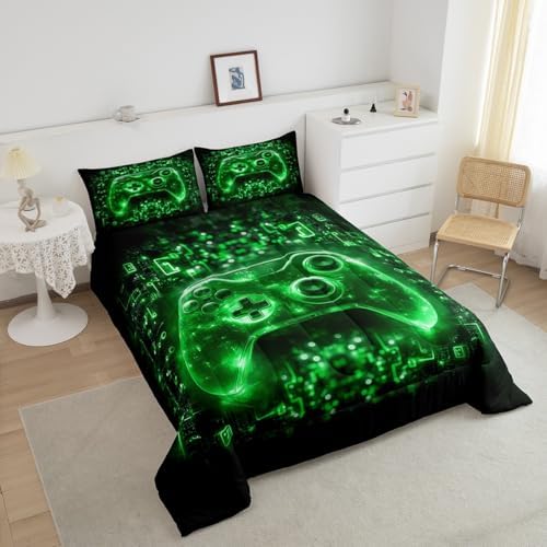 Feelyou Kids Boys Gamer Comforter Set Video Game Gamepad Queen Size Bedding Set for Teens Green Black Game Gaming Comforter Soft Microfiber - Image 3