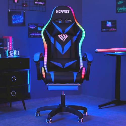 LED Gaming Chair with Speakers RGB Lights Massage Computer Chairs-Blue | Bluetooth Game Chairs for Adults;Ergonomic High Back Video Game Chair; Reclining Gamer Chair with Footrest Lumbar Support - Image 4