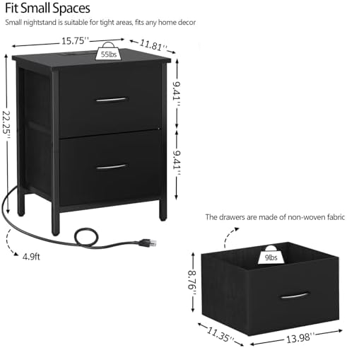 Vagusicc Nightstand Set of 2 with Charging Station, End Table Bedside Table with Power Outlet & USB Ports, Side Table with 2 Fabric Drawers for Bedroom, Living Room, Black - Image 3