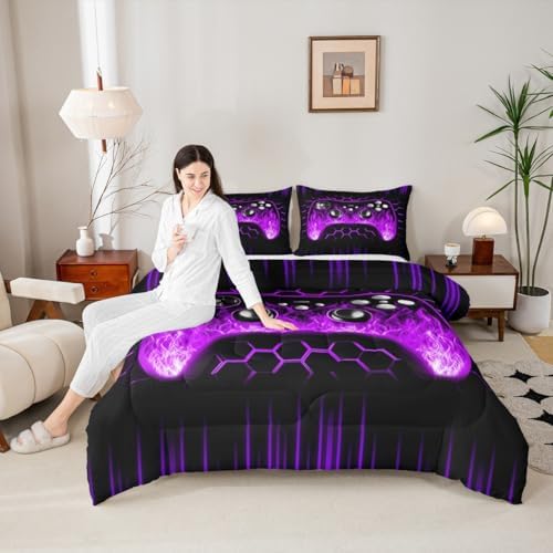 Erosebridal Honeycomb Gamer Kids Comforter Set Purple Neon Lights Game Console Toddler Bedding Sets for Boys Ombre Art Geometric Hexagon Beehive Duvet Set Gaming Decor for Boys Bedroom Decor - Image 5