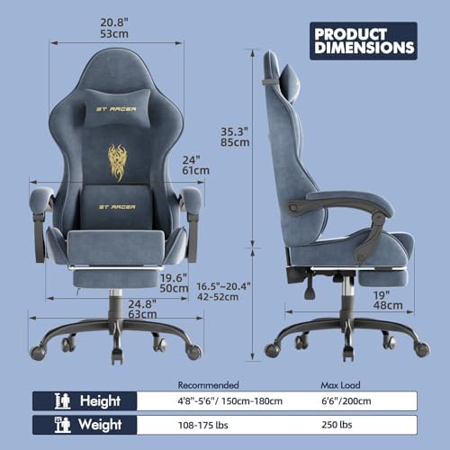 Ferghana Velvet Fabric Gaming Chair, High Back Ergonomic Gamer Chair for Adult, Comfortable Video Game Chair with Footrest and Massage Lumbar Cushion, Racing Reclining Office Computer Desk Chair Grey - Image 3