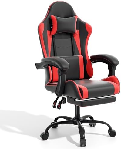 Magshion Video Gaming Computer Chair with Footrest, Red | Ergonomic, Lumbar Support, Adjustable Height, Racing Style, High Back Recliner, Comfy Leather, Swivel Seat, for Home Office by Magshion
