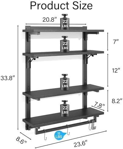 kepptory 24" Foldable Gaming Floating Shelves with LED Lights, 4 Tier Display Rack with Adjustable Shelf, Wall Mounted Shelf with Hanging Rod and 8 S-Hooks for Gaming Room, Black - Image 2