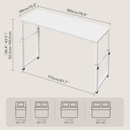 MAHANCRIS Overbed Table with Wheels, Mobile Bed Desk for Queen Size, 36"-43.5" Adjustable Height Rolling Table, Recliner Desk, Mobile Cross Bed for Bedroom, Living Room, Office, White MTWT18001 - Image 2