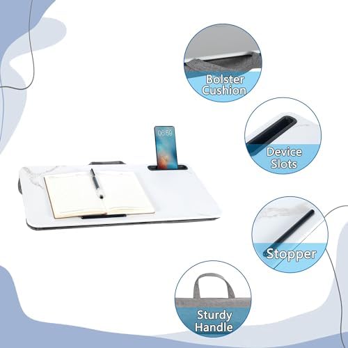 Portable Laptop Desk Fits Up to 16“ Laptops, with Tablet Slot, Built-in Cushion, Great for Home & Office,Lap Desk for Laptop,Lap Desk with Cushion (White Marble, Large) - Image 4