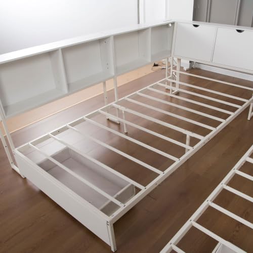White Corner Bed with Drawers, Bookcase, Light & Charging Station,Twin/Twin - Image 6