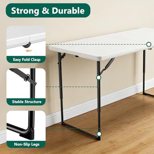4ft Folding Table with Adjustable Height, Heavy Duty Fold-in-Half Plastic Table with Steel Legs, Portable for Indoor, Outdoor, Picnic, Camping, Dining, Party, White - Image 5