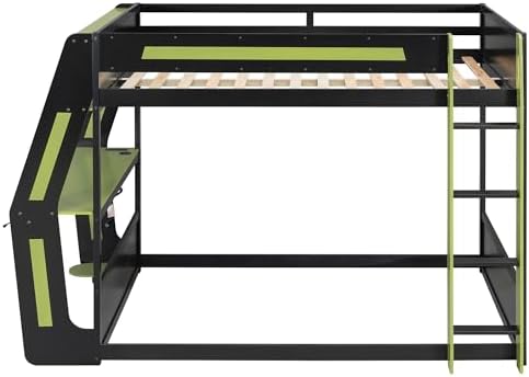 Merax Full Over Full Gaming Bunk Bed Frame with Side-Mounted Oversized Desk, USB Charging Ports & Cable Grommet & Light, Cool Design Heavy-Duty Esports Loft Bed Frame, Green - Image 3