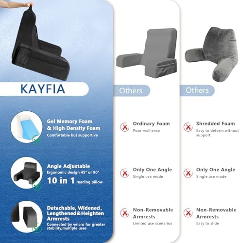 Kayfia Reading Pillow, Gel Memory Foam Back Rest Pillow, 21'', Black - Image 5