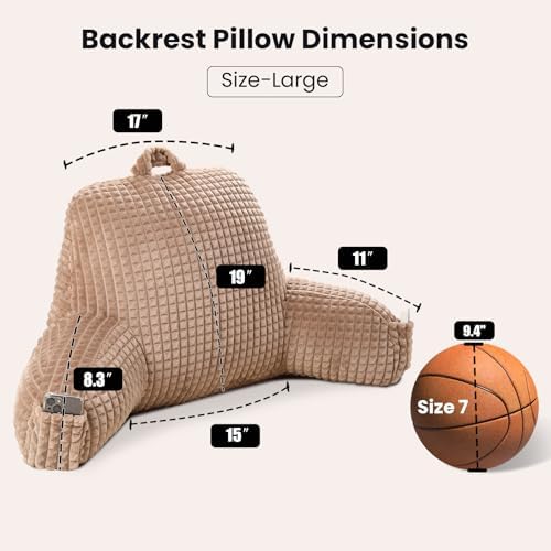 Reading Pillow with Arms for Bed Sitting,Khaki Flannel | Large Supportive Backrest with Arms Helps Ease Neck,Shoulder & Arm Strain While Gaming Reading or Watching TV - Image 3