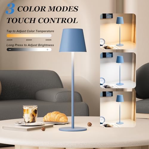 Kakanuo Cordless Table Lamp Rechargeable Blue - KK 2 Pack 5000mAH Battery Operated Lamp for Dining Table, 3 Color Stepless Dimming Wireless Lamp for Counter, Outdoor Patio, Touch Control - Image 2