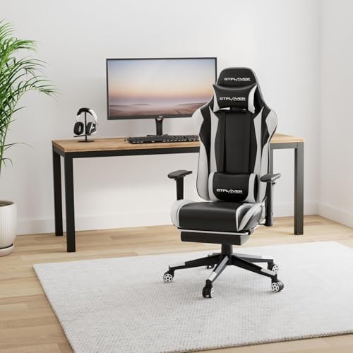 GTPLAYER Gaming Chair with Footrest, Ergonomic Computer Game Desk Chair, Reclining Game Chair Seat Height Adjustment, Swivel Rocker with Headrest and Lumbar (White) - Image 2