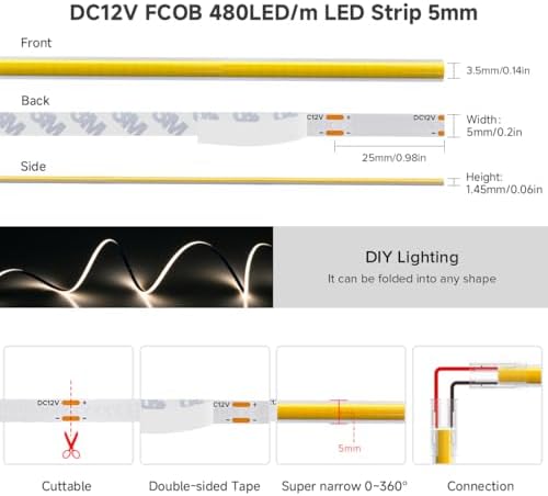 BTF-LIGHTING FCOB Thin 5mm Width COB LED Strip Light Warm White 2700K - Image 4