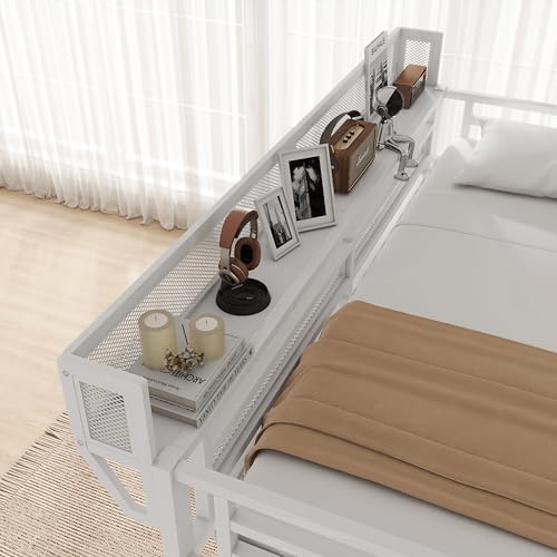 KEIKI Queen Size Metal Loft Bed Frame with Desk, Staircase, Built-in Storage Shelves and Wardrobe, Modern Loft Bed with Solid Slat, Guardrail, No Box Spring Required, Easy Assembly, for Bedroom, White - Image 6