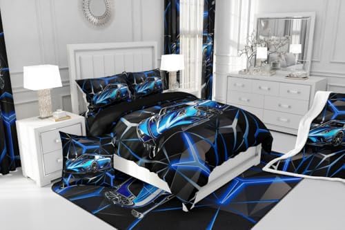 Feelyou Kids Boys Sports Car Comforter Set King Size Blue Race Car Comforter for Kids Teens Room Decor Extreme Sports Bedding Set Cool Speed Car Decor Quilt Set Soft for All Season - Image 7