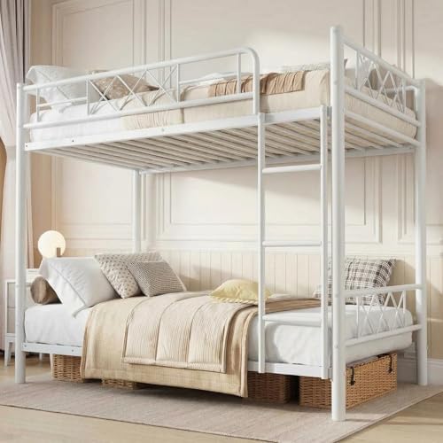 Garvee Twin Over Twin Bunk Bed with Stairs, Heavy Duty Metal Construction & High Guardrail, Sturdy Steel Slats Support, No Box Spring, Space Efficient, White by Garvee