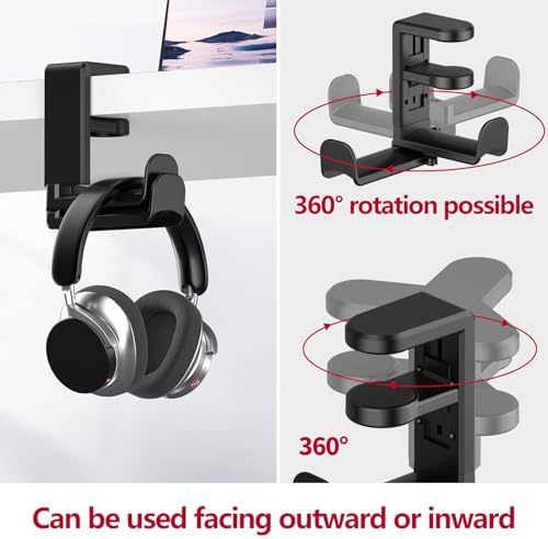360° Rotating Desk Headphone Hook with Dual Hangers, Clamp-On Under Desk Organizer Holder for Headphones, Bags, Cables – Durable ABS, Fits 0-1.18" Thick Desks, Max Load 44LBS/2Kg,Black - Image 4