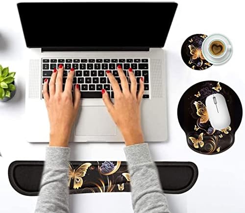 Keyboard Wrist Rest and Mouse Pad Wrist Support Set with Coffee Coaster, Non-Slip PU Base for Gaming and Office, Comfortable & Lightweight for Easy Typing & Pain Relief,Gold Butterfly - Image 6