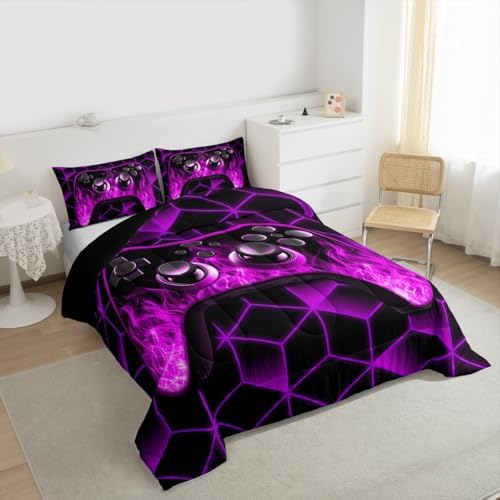 Purple Gaming Comforter Sets for Boys Gamer Gifts,Neon Geometric Toddler Bedding Sets for Boys,3D Geometric Kids Comforter Set Flame Gaming Consoles Decor Boy Bedroom Decor - Image 6