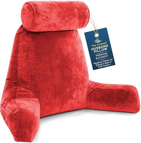 Husband Pillow XXL The Original for Adults - 30" Tall Backrest for Sitting Up in Bed - Firm Support Reading & Bed Rest Pillows for Adults, Neck Roll, Removable Cover - TV - Red by HusbandPillow