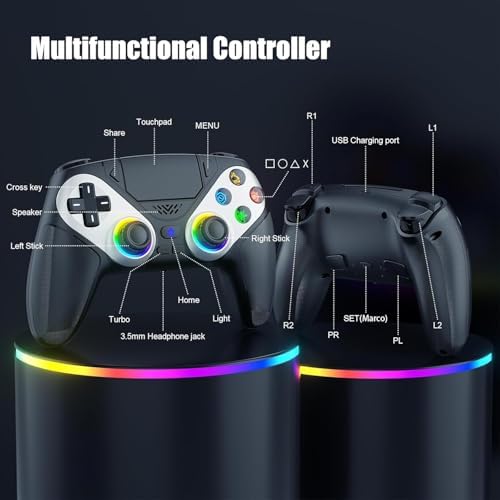 Dinosoo RGB Wireless Controller for PS5/PC/Mobile – Bluetooth Gamepad with Turbo, Macro, Dual Vibration, 6-Axis Gyro, 3.5mm Audio Jack, Built-in Speaker, 1000mAh Battery (Black) - Image 6