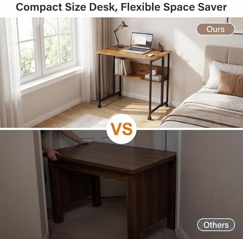 Mobile Foldable Desk w/Wheels and Feet Pads, Foldable Computer Desk, Folding Desk, Small Computer Desk for Small Spaces, Folding Table for Office Bedroom Living Room-Rustic Brown - Image 5