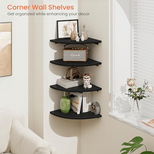 Homode Corner Shelf Wall Mount, 4 Tier Rounded Corner Floating Shelves, 12 Inch Deep Hanging Corner Shelf Storage, Wood Corner Wall Shelving for Living Room Bedroom Bathroom Kitchen, Black - Image 5