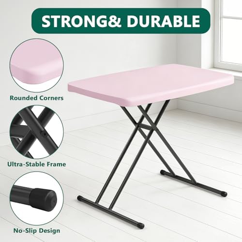 Folding Table 30 Inch - Small Desk Adjustable Height TV Tray for Laptop, Couch, Camping - Heavy Duty Utility Foldable Table for Small Spaces, No Assembly Required, Granite (Pink) - Image 4