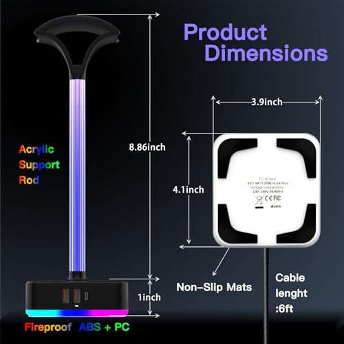 cozoo RGB Headphone Stand with Charger 3 USB Ports and 2 AC Outlets,2 USB-A 1 Type C,Desk Gaming Headset Holder with 9 Light Modes,PC Gaming Desk Accessories,Gamer Gifts,RGB Gaming Stuff Headset Stand - Image 6