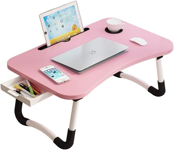 Lap Desk with Storage Drawer, Holders for Cup and Tablet for Kids and Adults, Tray Table with Foldable Legs, Laptop Bed Stand, Portable Standing Table for Sofa Couch Floor (23.6", Pink) - Image 2