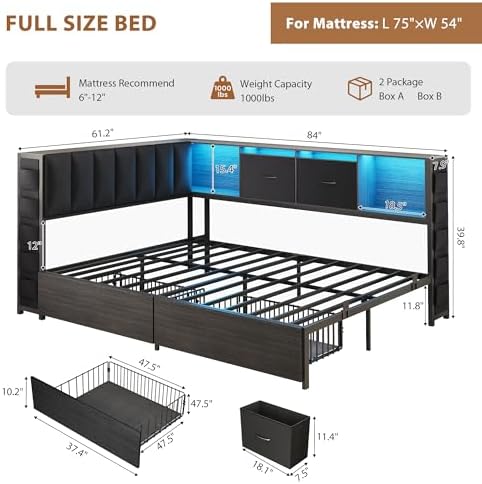 MapleGrace Full Corner Bed Frame with Upholstered Storage Headboard and Drawers, Metal Platform Bed Frame with LED Light and Charging Station, Full Daybed for Living Room, Bedroom & Guest Room, Black - Image 3