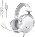 FIFINE USB PC Gaming Headset with 3.5mm Audio Jack, Detachable Microphone, 7.1 Surround Sound, Volume Control, Streaming Over-Ear Wired Headphones for Computer, PS5, Controller, Xbox-H9 White by FIFINE