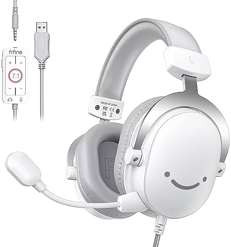 FIFINE USB PC Gaming Headset with 3.5mm Audio Jack, Detachable Microphone, 7.1 Surround Sound, Volume Control, Streaming Over-Ear Wired Headphones for Computer, PS5, Controller, Xbox-H9 White by FIFINE